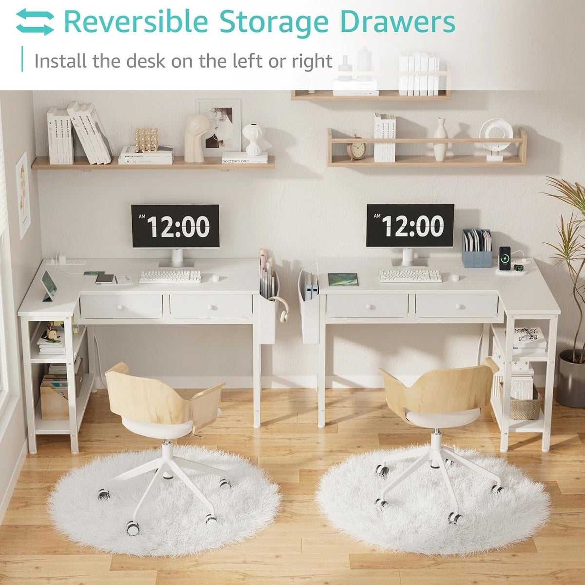 Small White 40 Inch L Shaped Corner Desk with Drawers & Storage Shelves