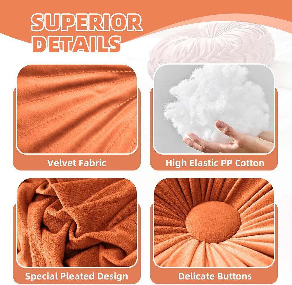 Teieas 2 Pcs Round Throw Pillows Pleated Velvet Pumpkin Round Pillows