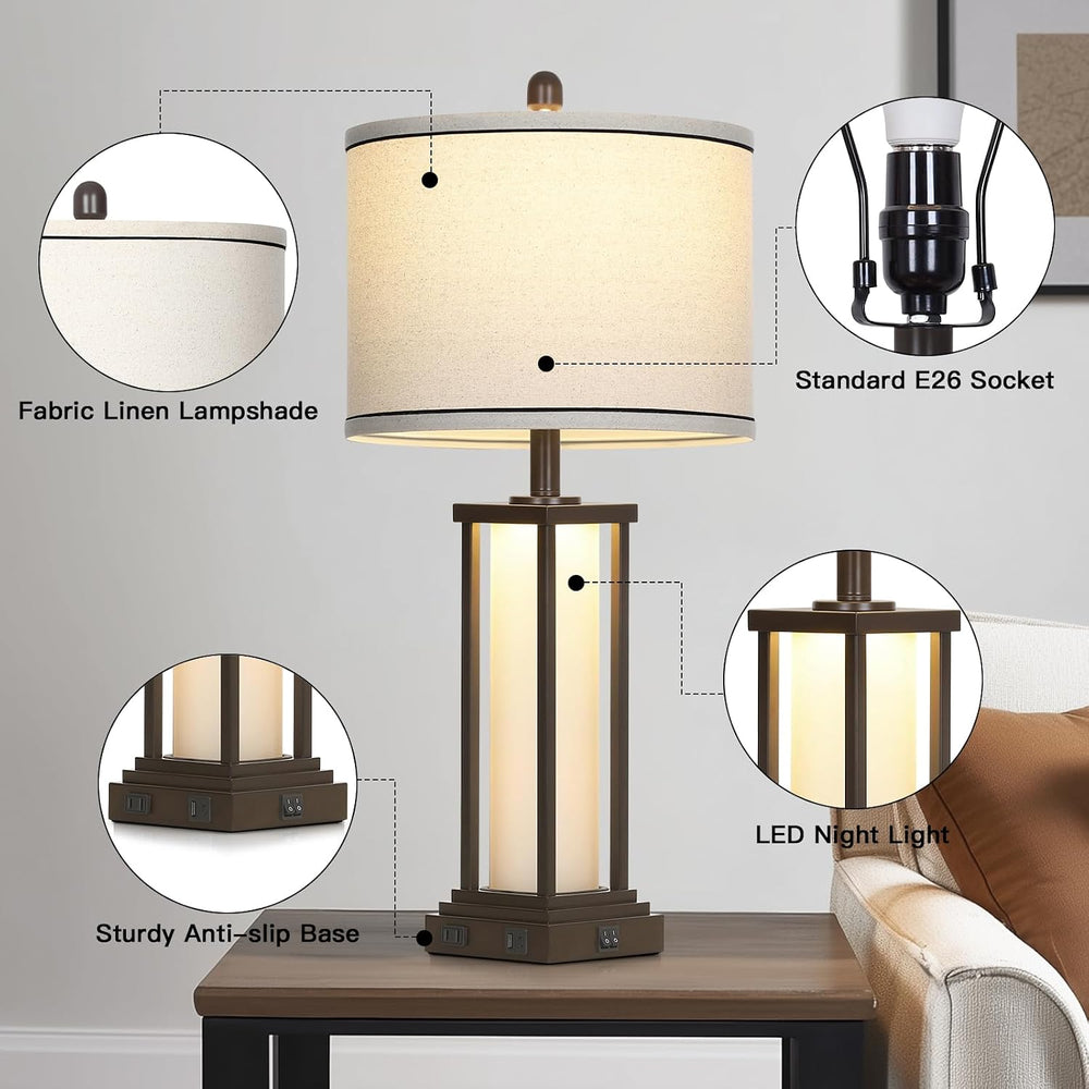 27in Tall Farmhouse Table Lamp Set of 2 with USB C+A & Outlet,Brown Indus...