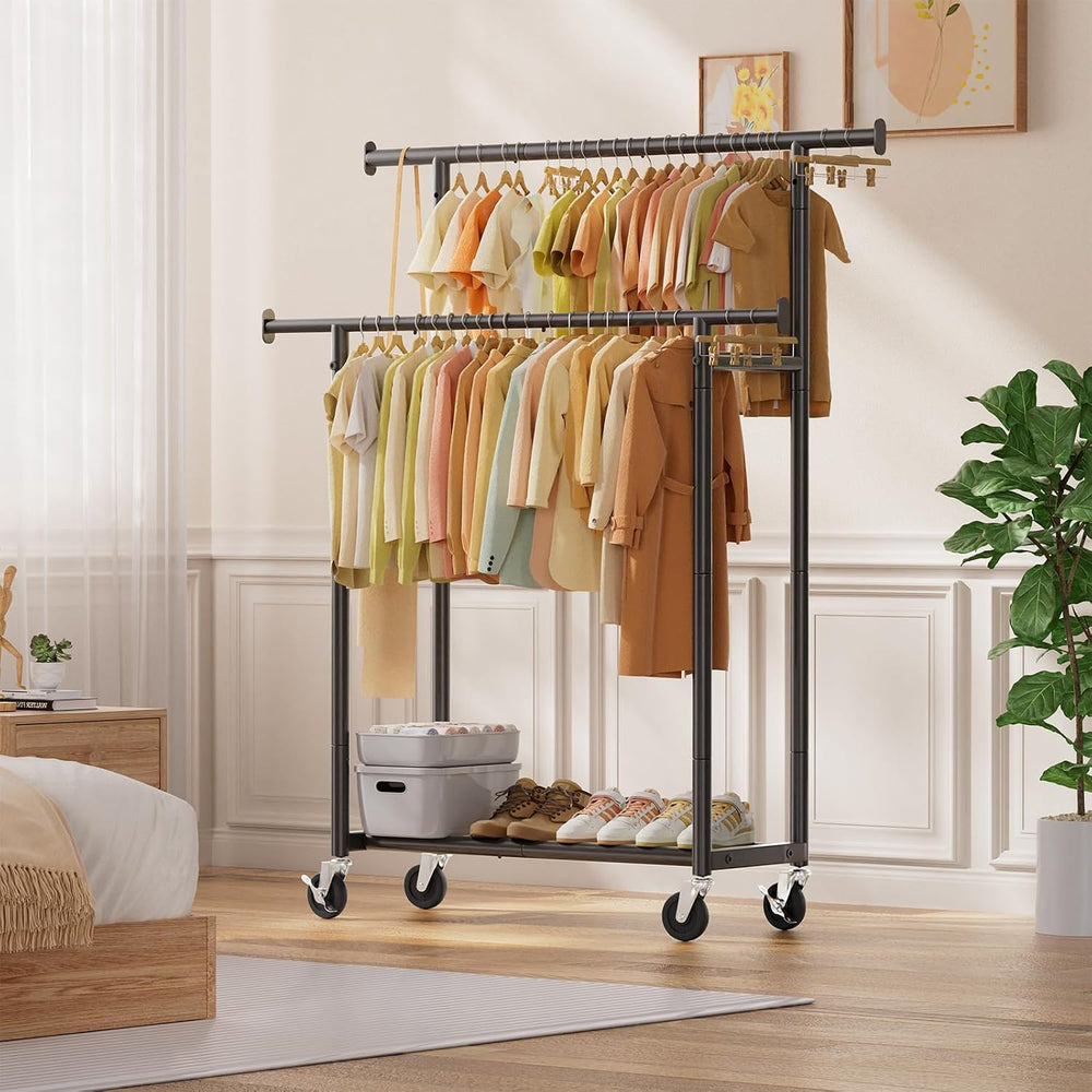Simple Trending Clothes Rack, Double Rods Clothing Rack with Shelf, Black