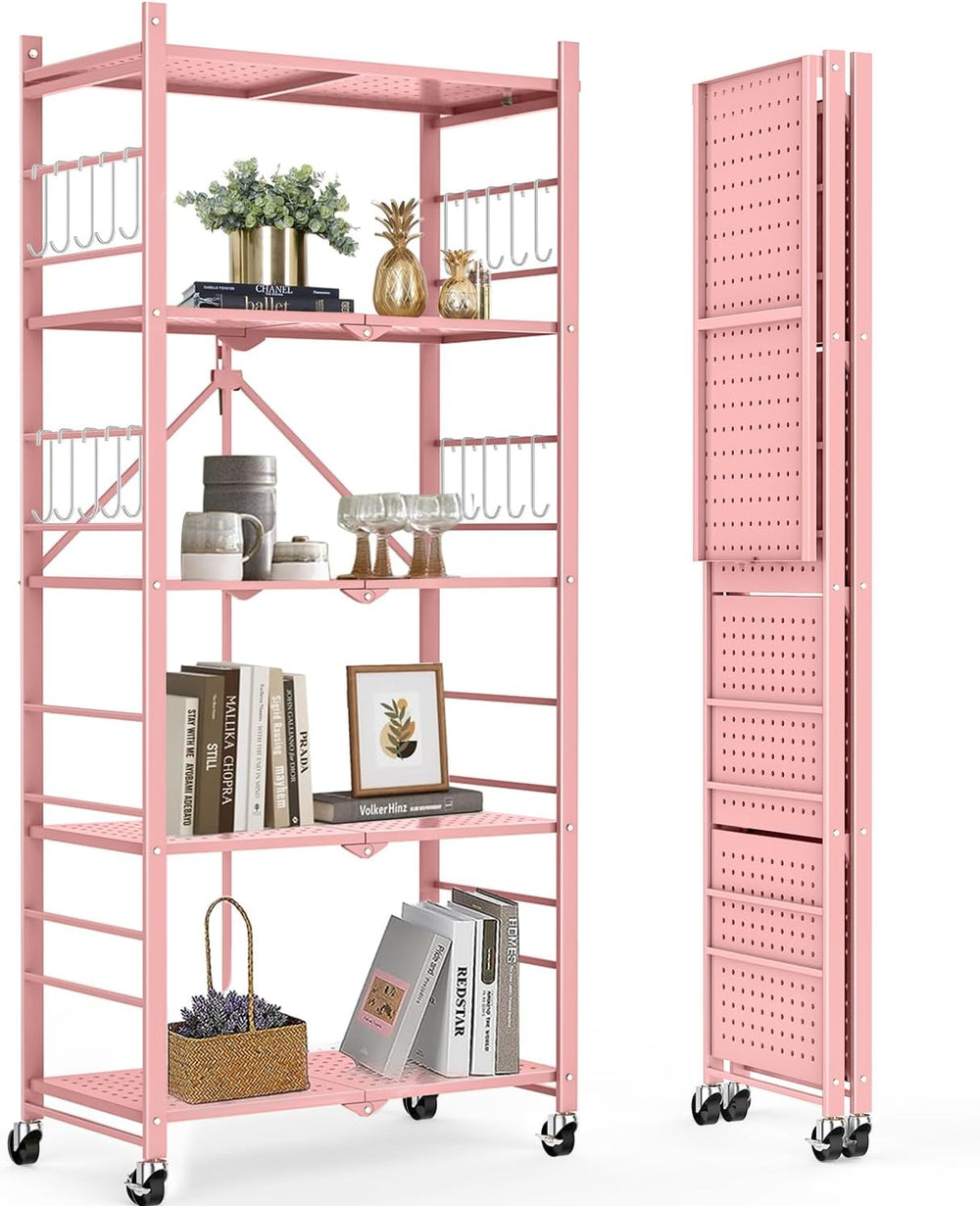 Himix 5-Tier Folding Storage Shelves with 20 Hooks Wheels Home Pink