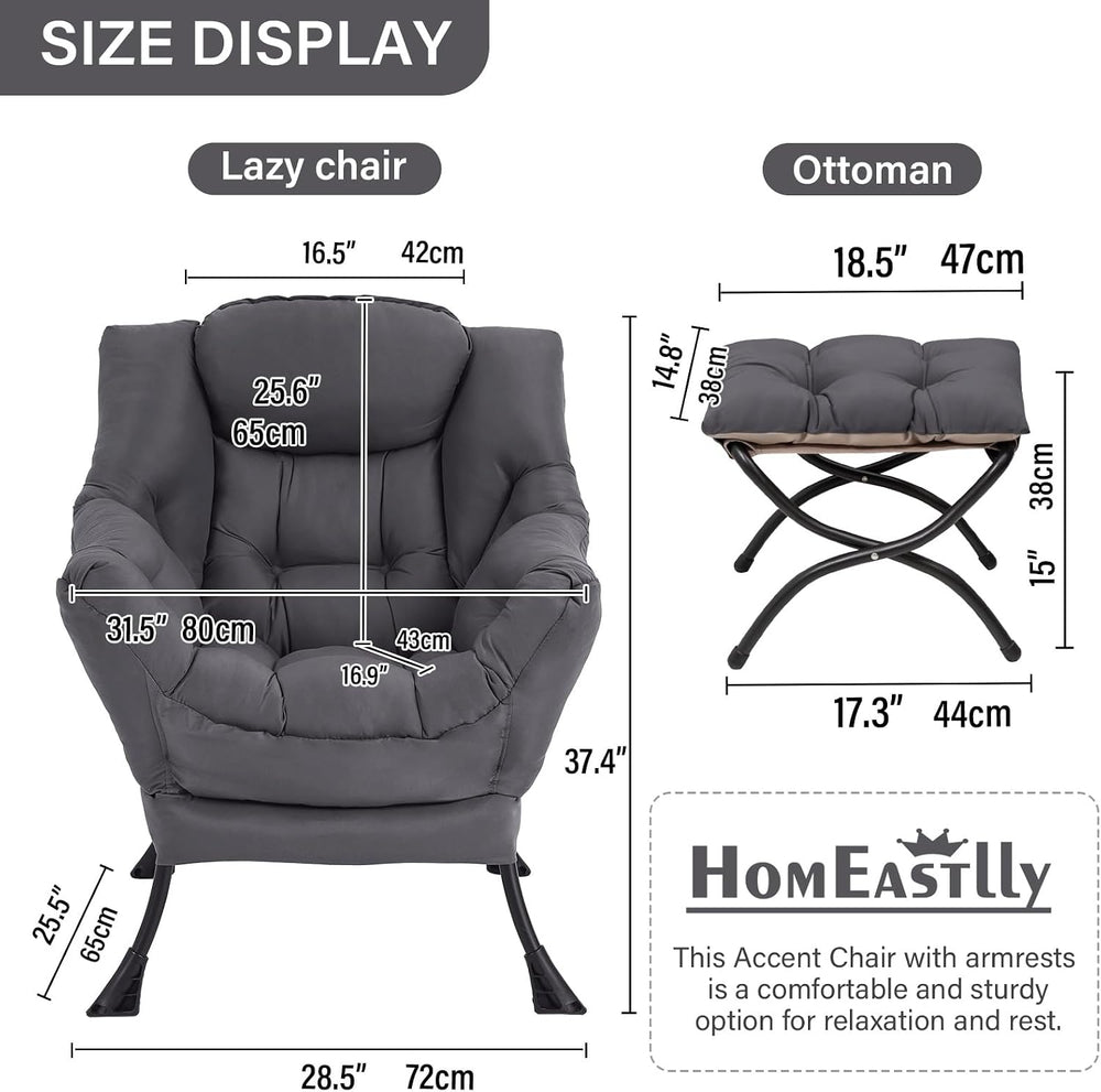 Lazy Chair with Ottoman, Soft Comfy Chair for Bedroom, Grey