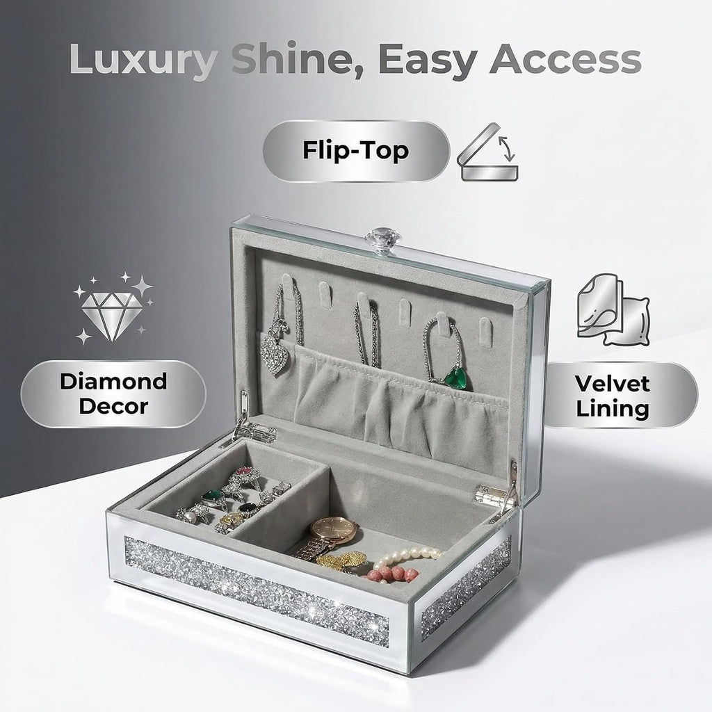 Mirrored Jewelry Box with Lid, Crushed Diamond Bling Jewelry Organizer for Women Girls, Ring Necklace Bracelet Storage Box, Gift Idea