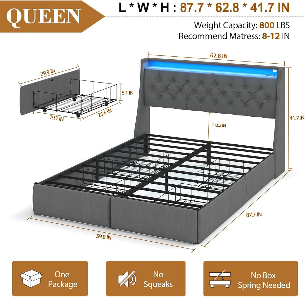 Upholstered Queen Size Bed Frame with 4 Storage Drawers and LED Lights