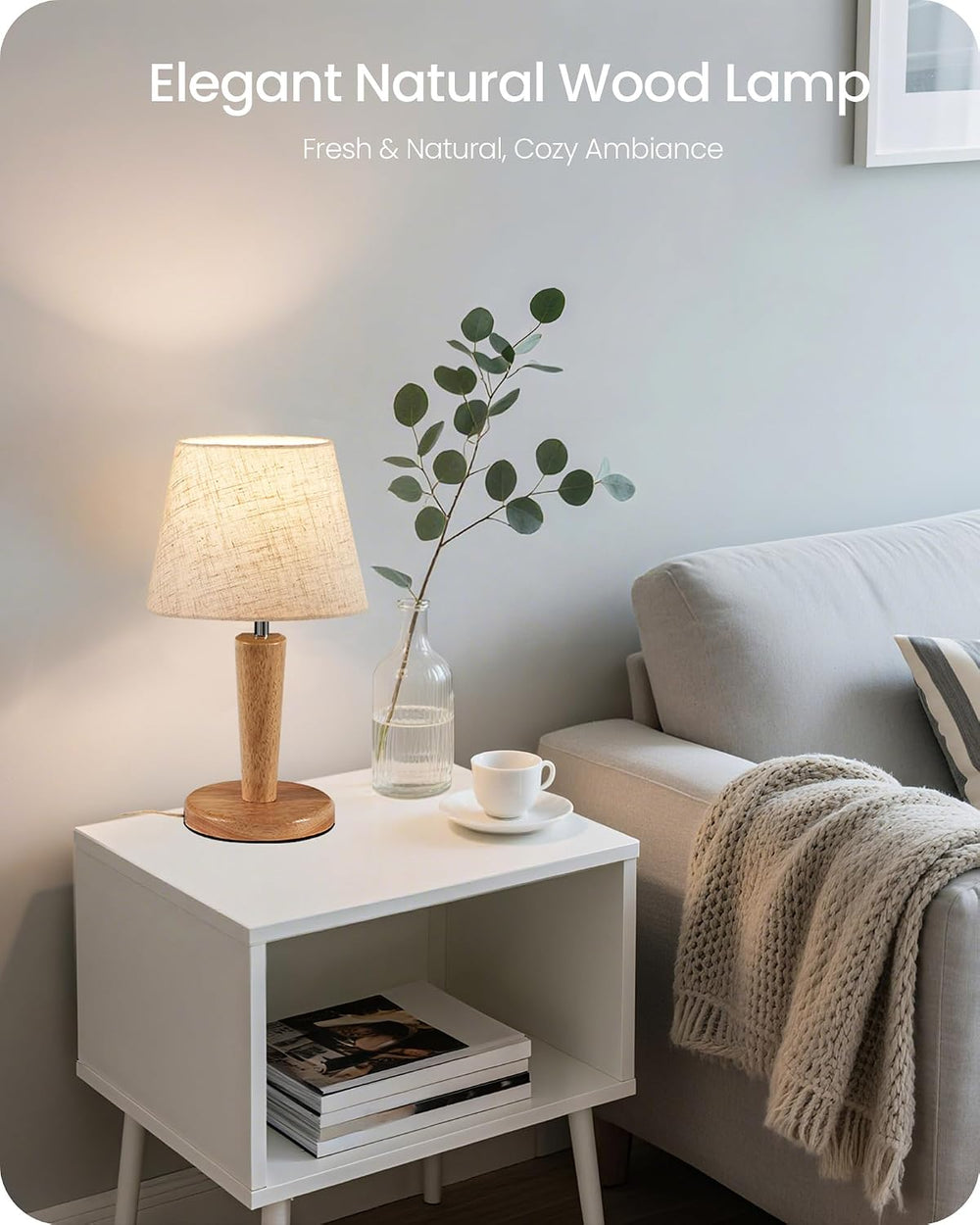 12" Wood Bedside Table Lamps Set of 2, Small Desk Lamps for Small Places...