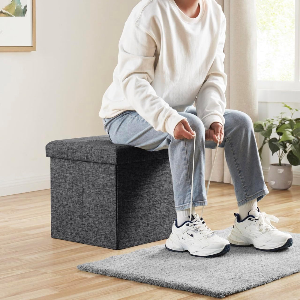 Ornavo Home 2 Pack 15 Inch Folding Storage Ottoman Cube, Linen, Dark Gray