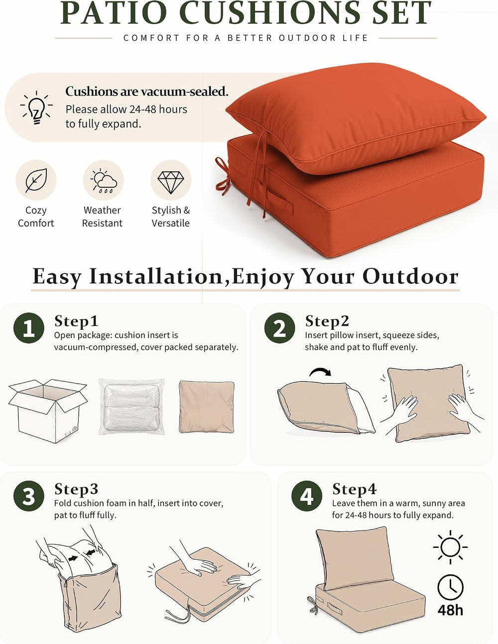 Outdoor Seat Chair Cushion Set of 1,22x24 Inch Waterproof Cushions