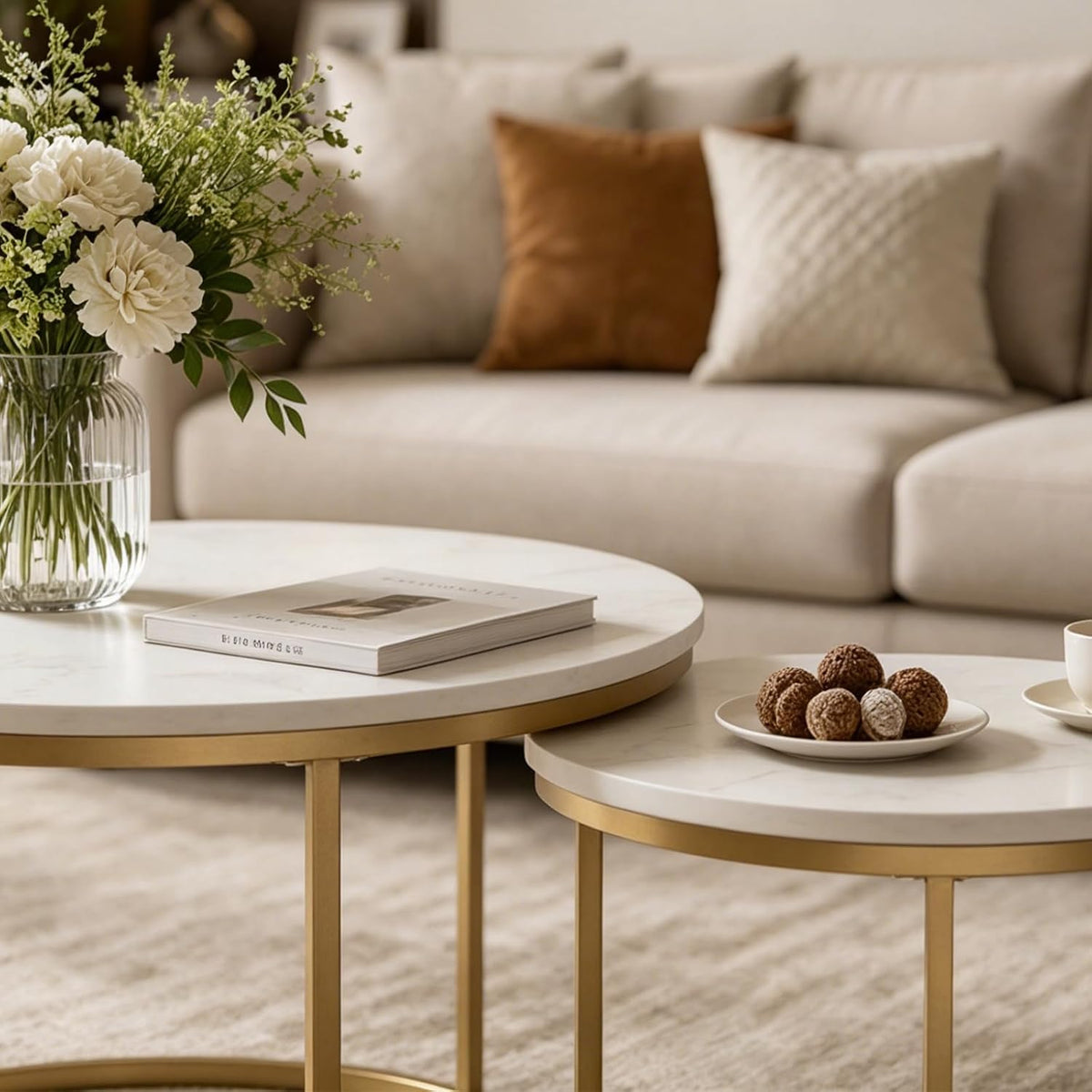 White Round Nesting Coffee Table Set of 2, Marble Pattern Top with Gold Metal Frame, 27.6" & 19.7" Nesting Side Table for Living Room, Space Saving