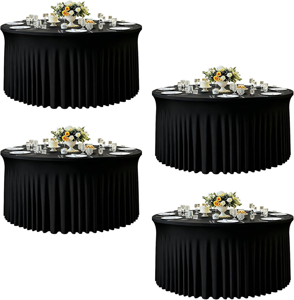 4 Pack 132 Inch Black Round Tablecloth, Fitted Tablecloths for 6FT Round Tables, Spandex Table Cover with Table Skirt for Wedding Photography Party Professional Events Halloween Decoration Indoor