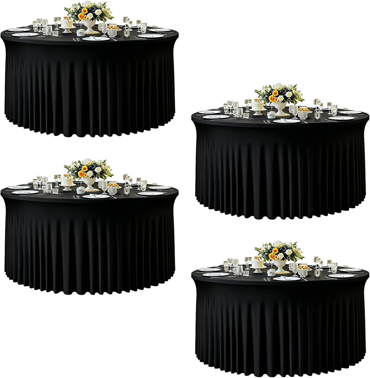 4 Pack 132 Inch Black Round Tablecloth, Fitted Tablecloths for 6FT Round Tables, Spandex Table Cover with Table Skirt for Wedding Photography Party Professional Events Halloween Decoration Indoor