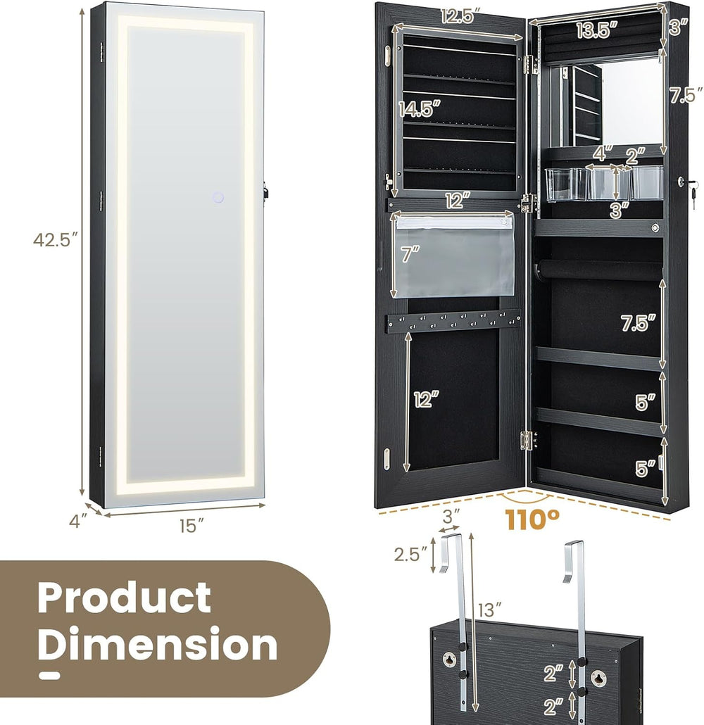 CHARMAID LED Mirror Jewelry Cabinet, Wall or Door Mounted, Black