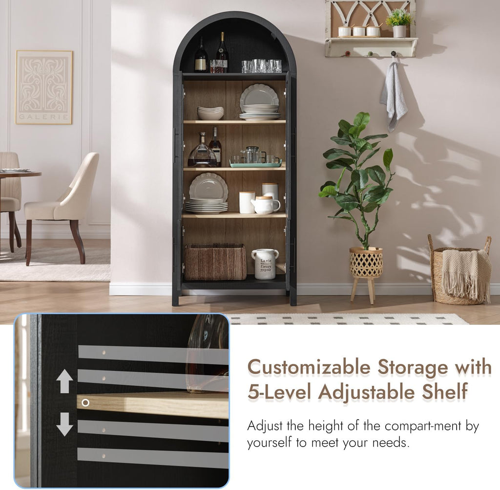 71" Tall Arched Display Cabinet with Glass Doors, 5-Tier Bookshelf
