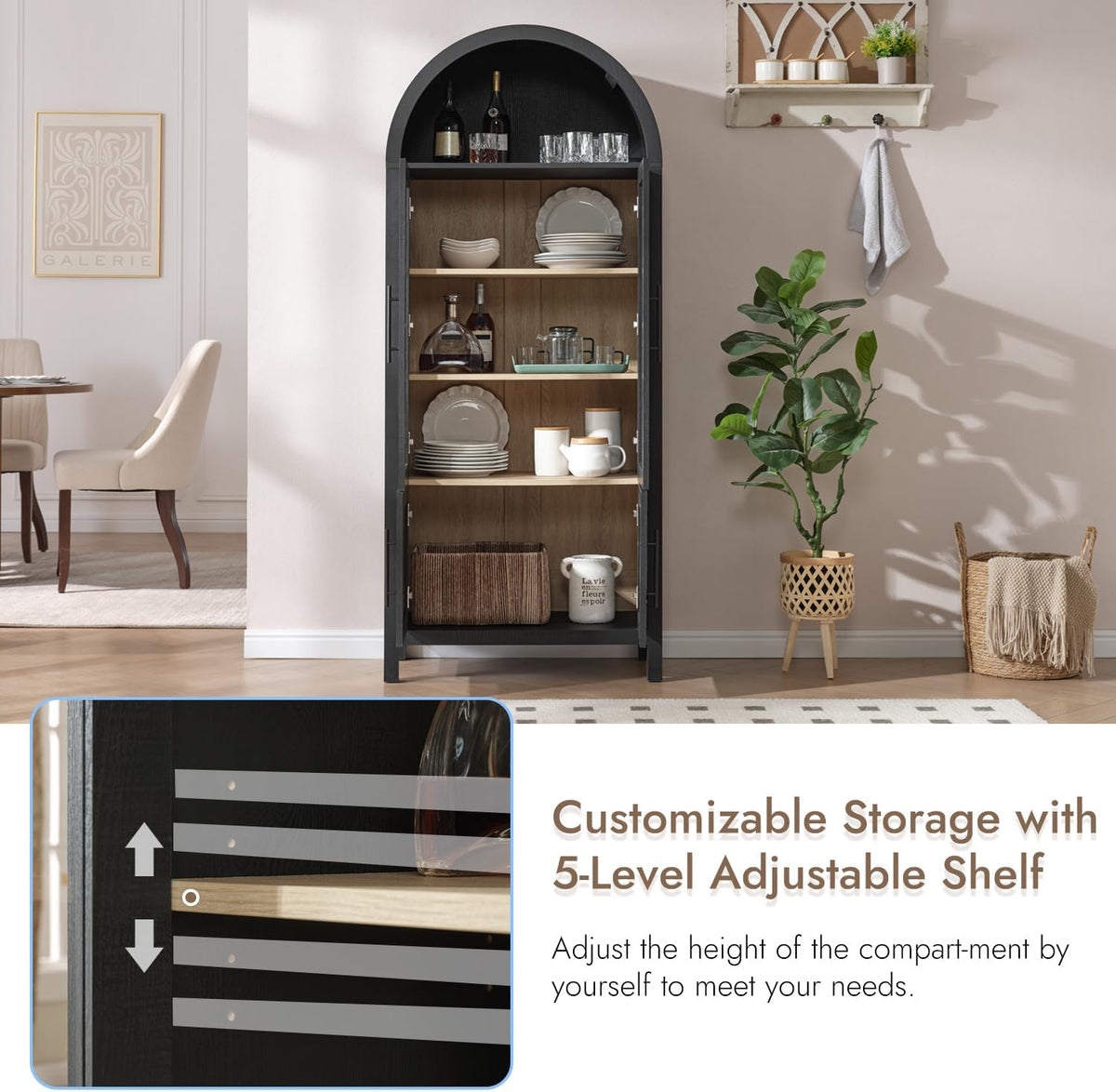 71" Tall Arched Display Cabinet with Glass Doors, 5-Tier Bookshelf