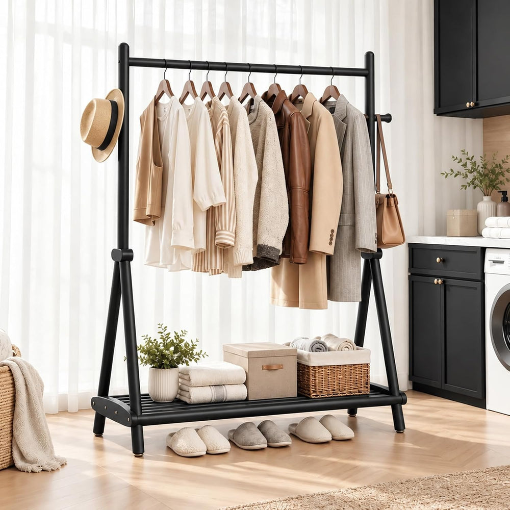 Solid Wood Coat Rack, Freestanding with Double Rods 2 Shelves