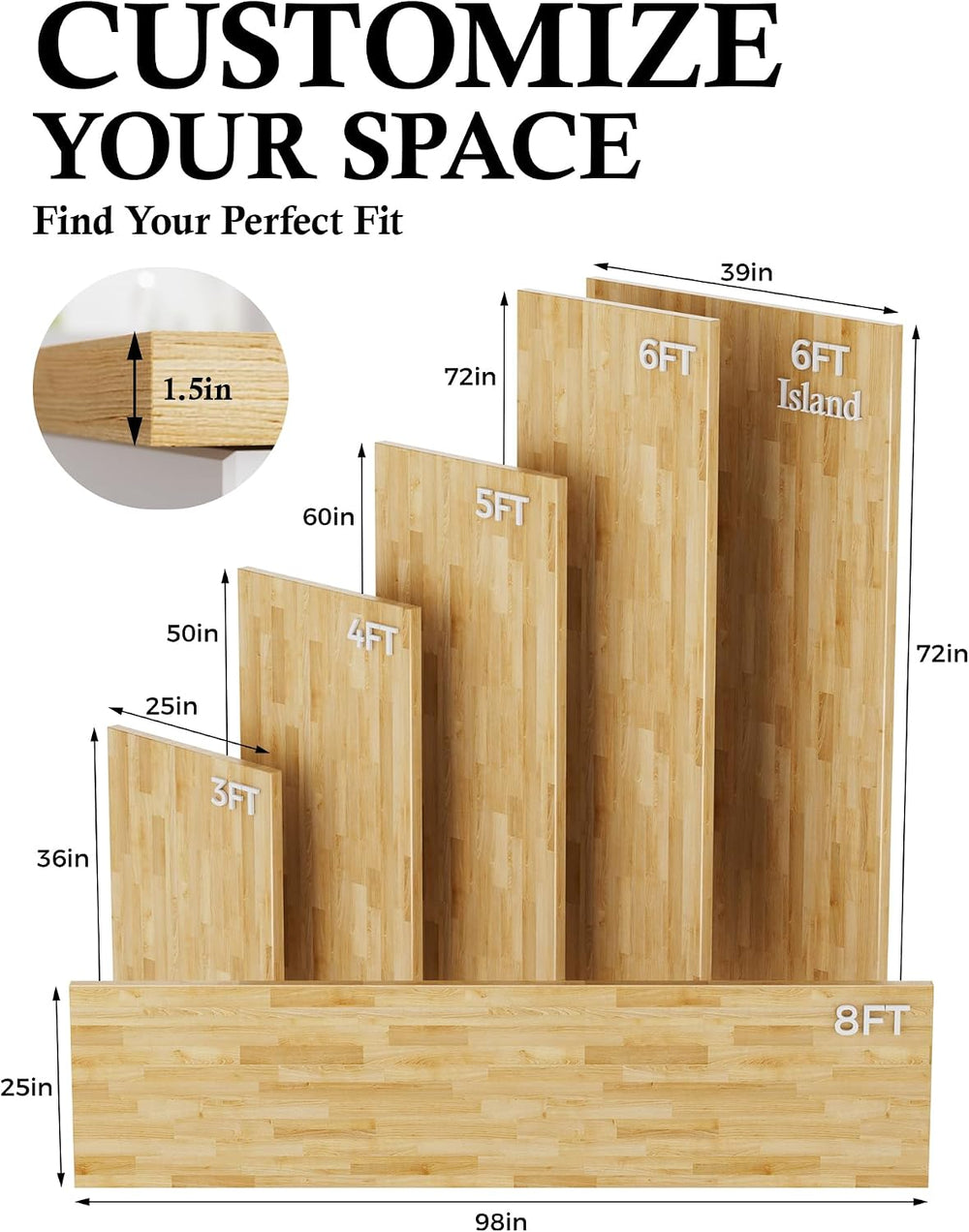 1FT Butcher Block Countertop – 12″ x 25″ x 1.5″ Solid Birch Wood Table Top