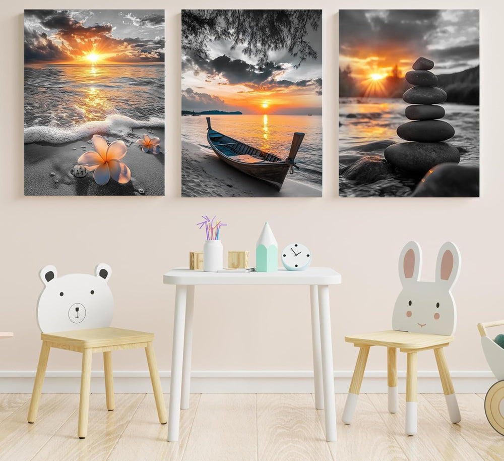 Yxbhhym Beach Bathroom Wall Art Black and White Gold Wall Decor Ocean Canvas ...