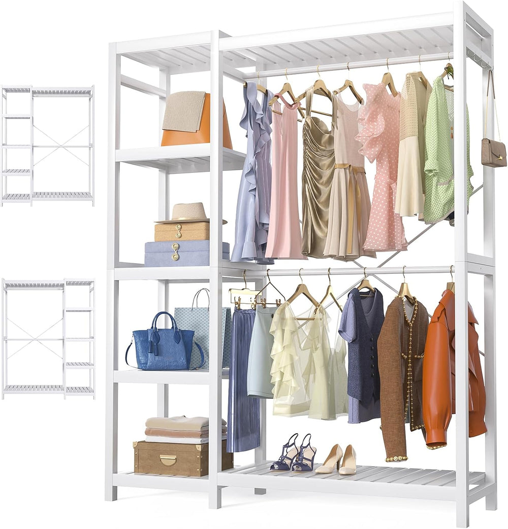 Homykic Bamboo Clothing Rack with 7 Adjustable Shelves, 2 Hang Rods, White