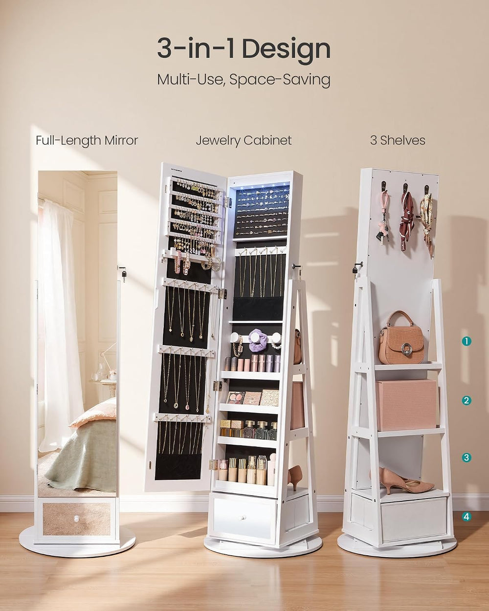 SONGMICS LED Jewelry Organizer, Full Length Mirror with Storage, Rotating