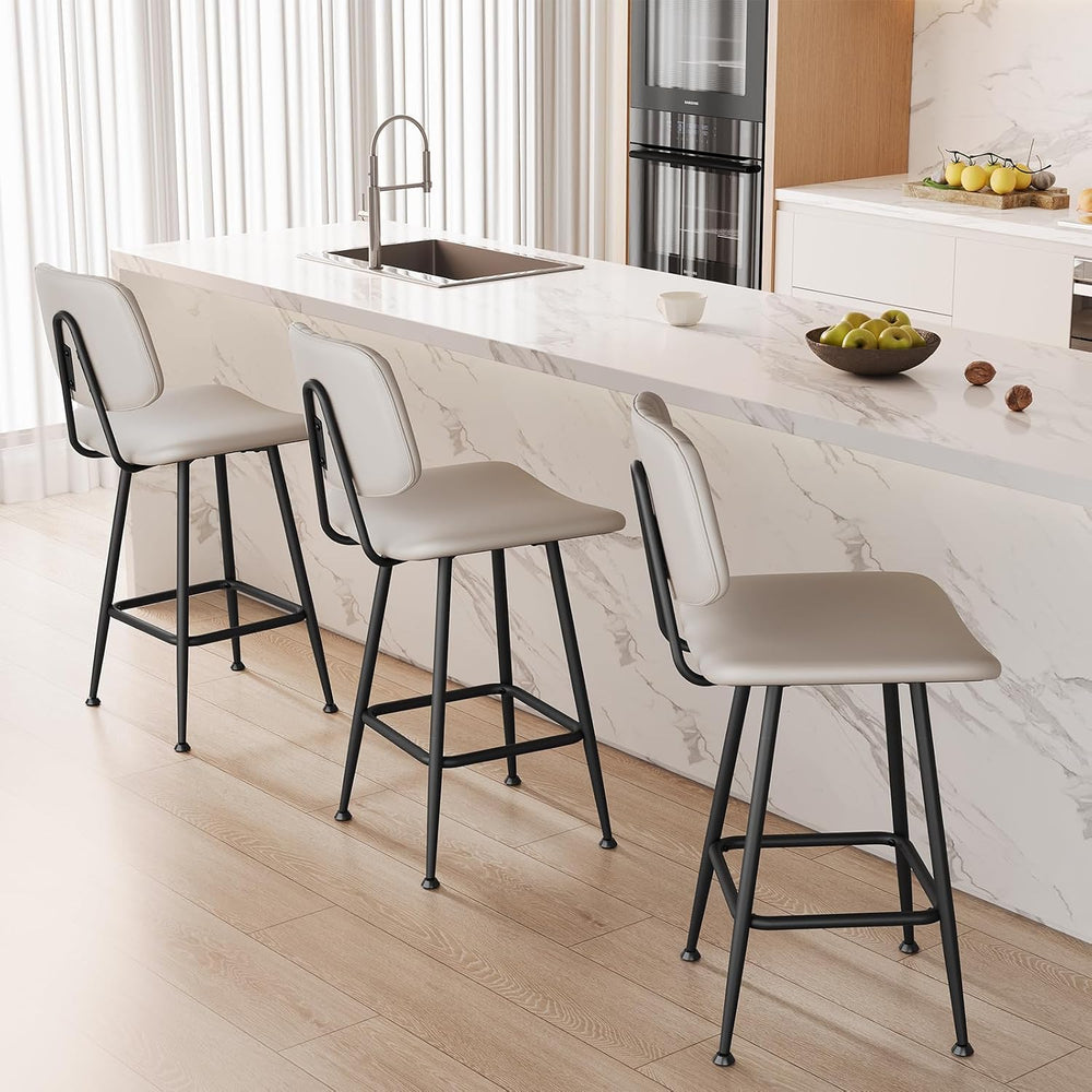 Raynesys 24-Inch Leather Bar Stools Set of 3 with High Backrest, Beige