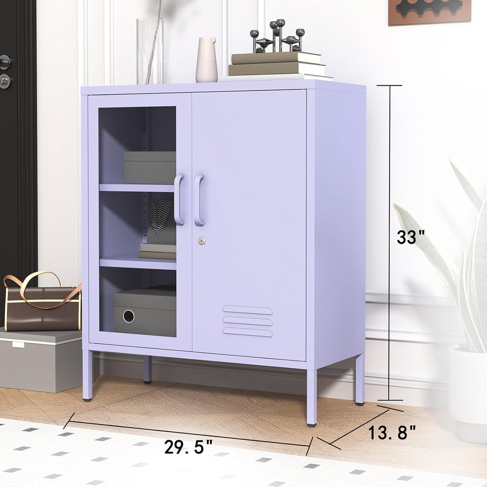 Purple Lockable Glass & Metal Door Storage Cabinet, 3-Tier Freestanding L...