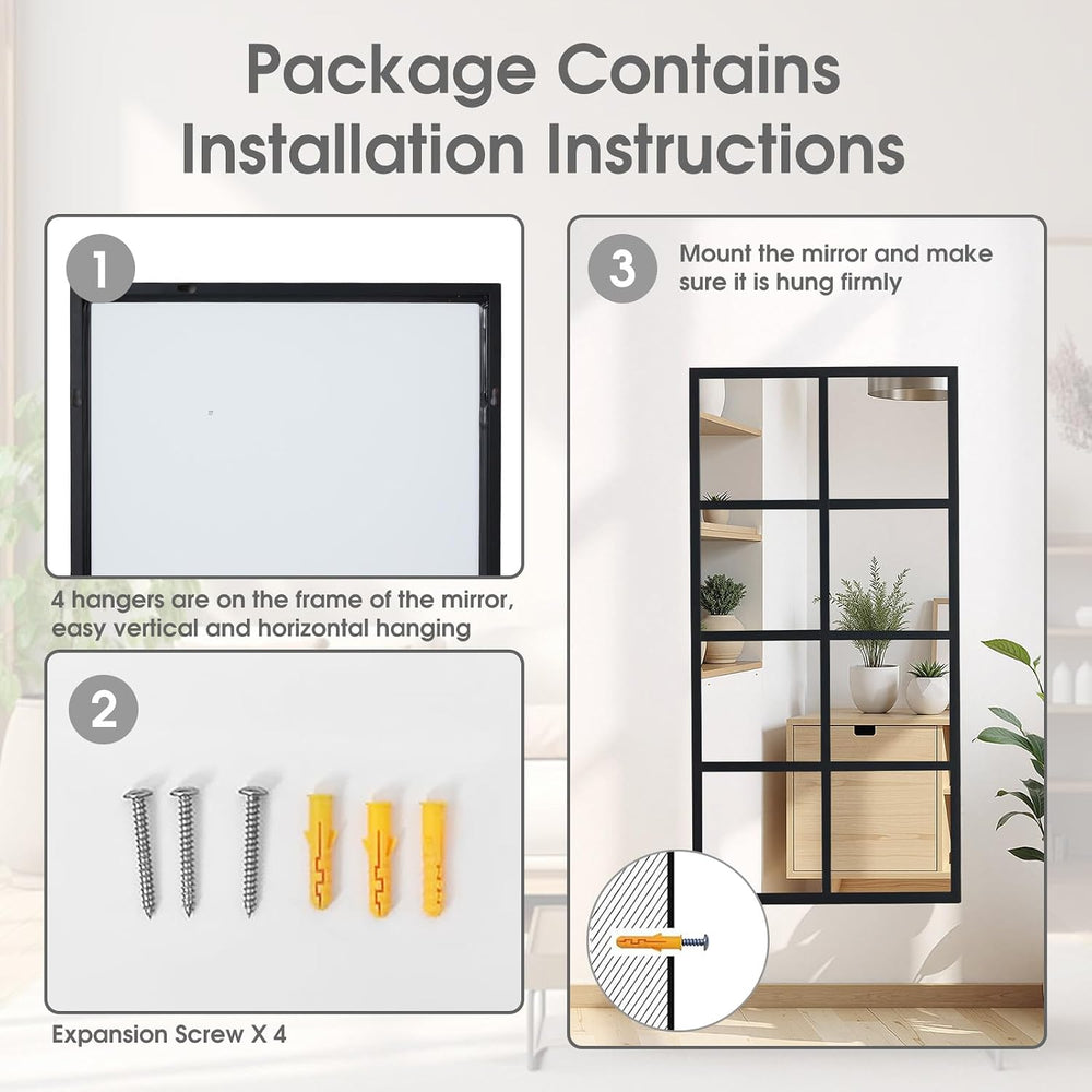Window Pane Wall Mirror, 16x32 Inch Black Framed Mirrors