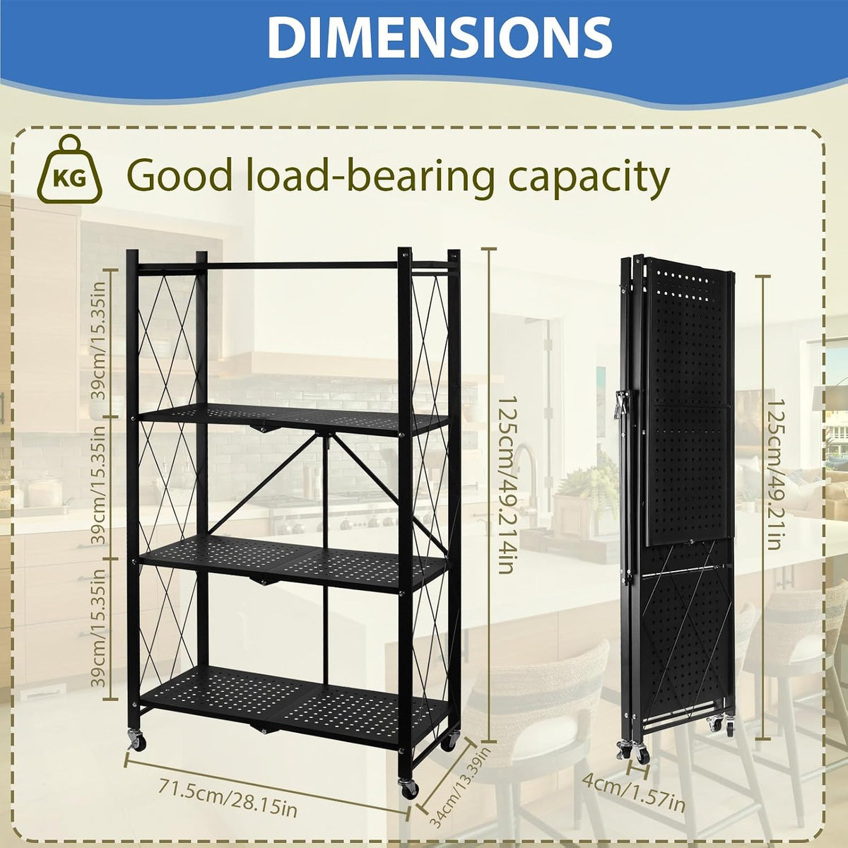 4-Tier Foldable Storage Shelf with Wheels, Metal Collapsible Shelving Unit, Heavy-Duty Rolling Cart for Kitchen Pantry Garage Office, Pre-Assembled Organizer Rack – Black