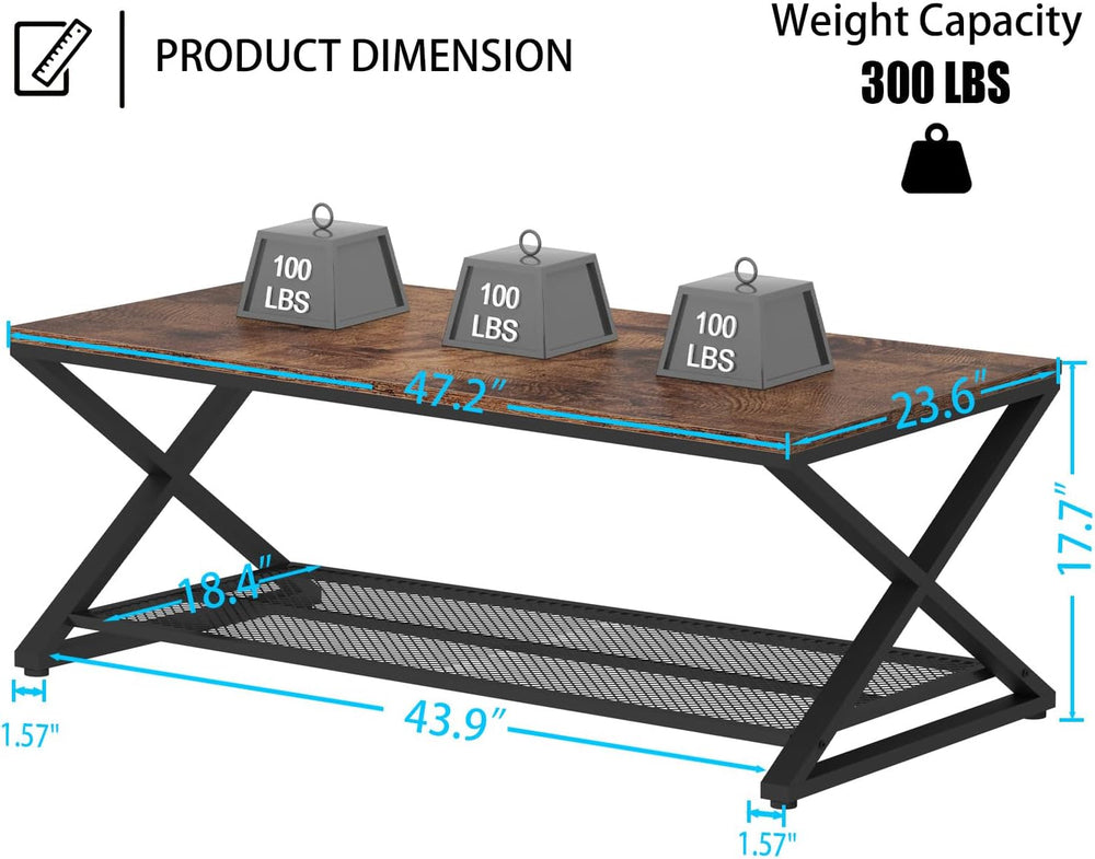 LVB Coffee Table for Living Room, 2 Tier Tea Table, 47 inch, Rustic Brown