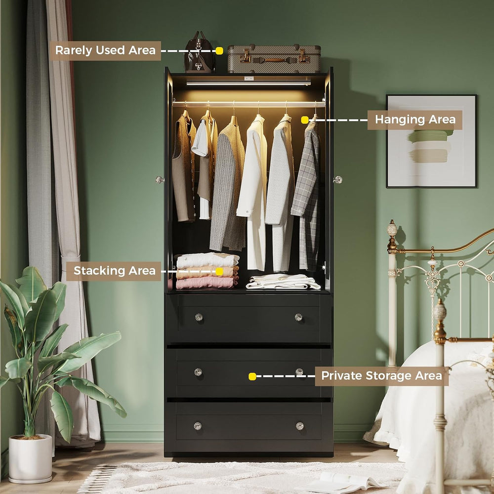 VOWNER 71" H Armoire Wardrobe Closet with Motion Sensor LED Light (Black)