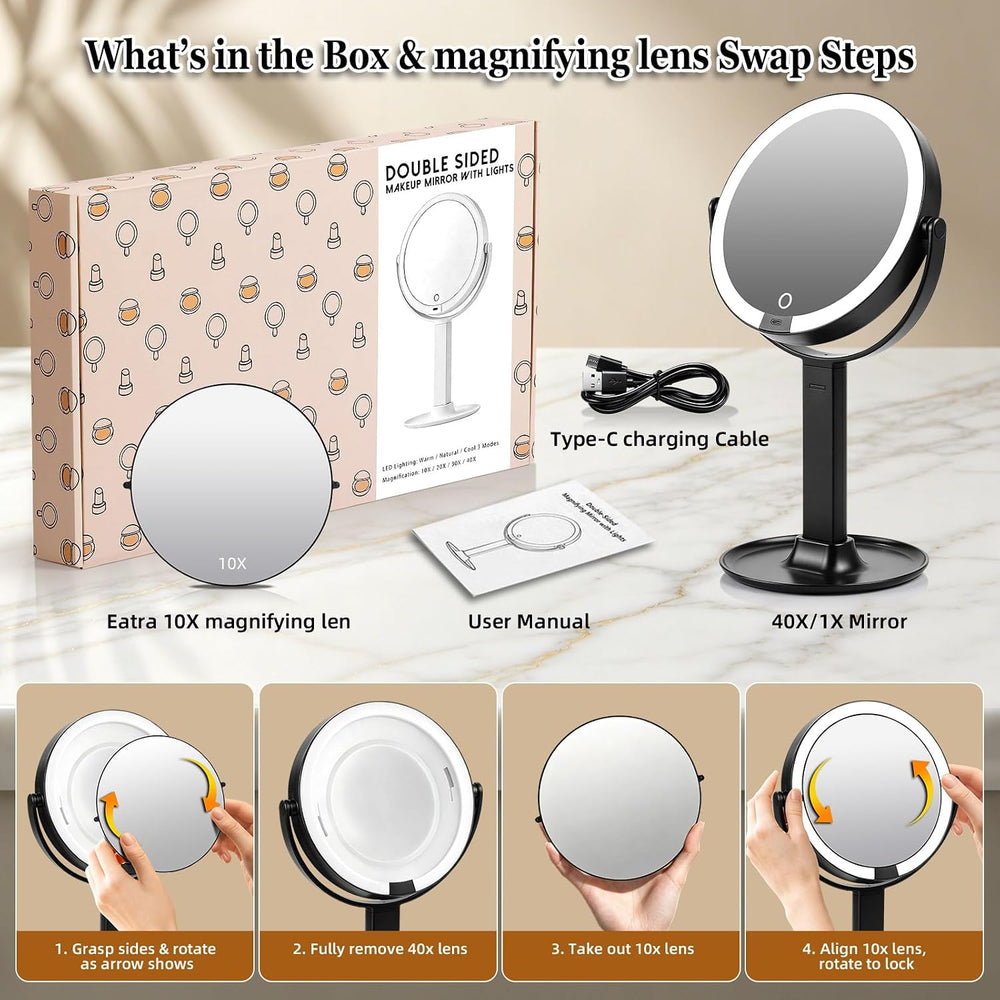 9" 2-Sided Makeup Magnifying Mirror with Lights, 1X+Interchangeable 10X/40X