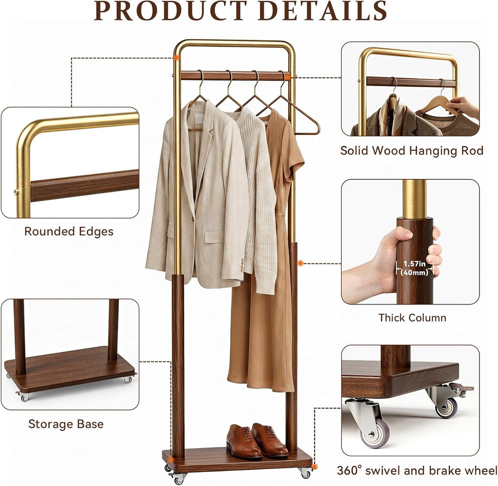 Taitiy Solid Wood Clothes Rack on Wheels for Bedroom, Living Room