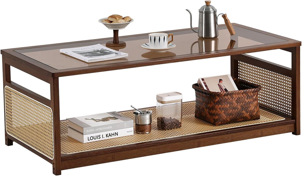Welnow Rattan Coffee Table, 2-Tier Rectangle Center Table, 47.5"， Walnut