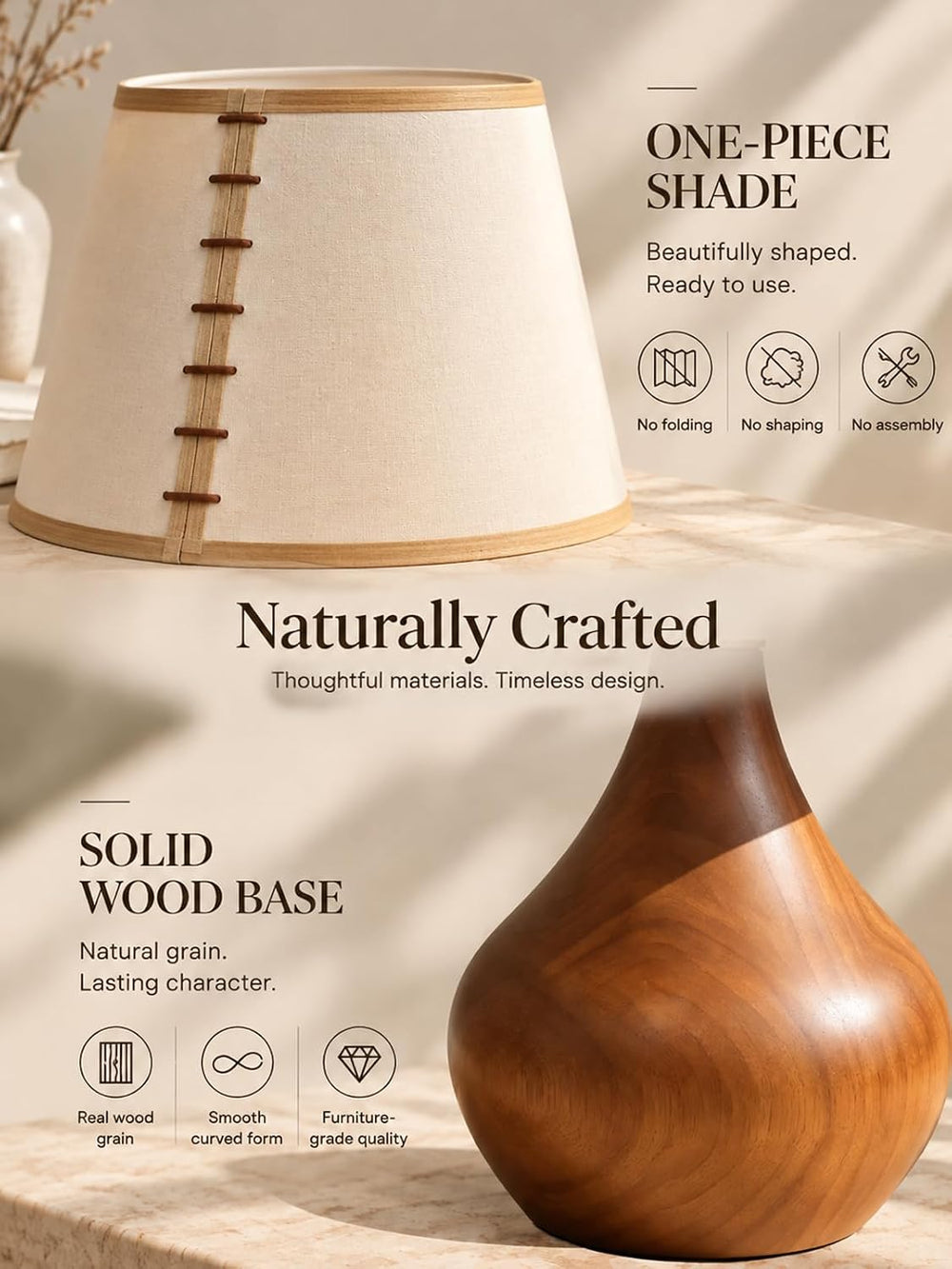 MOFFE Solid Wood Table Lamp for Bedroom with One-Piece Shade