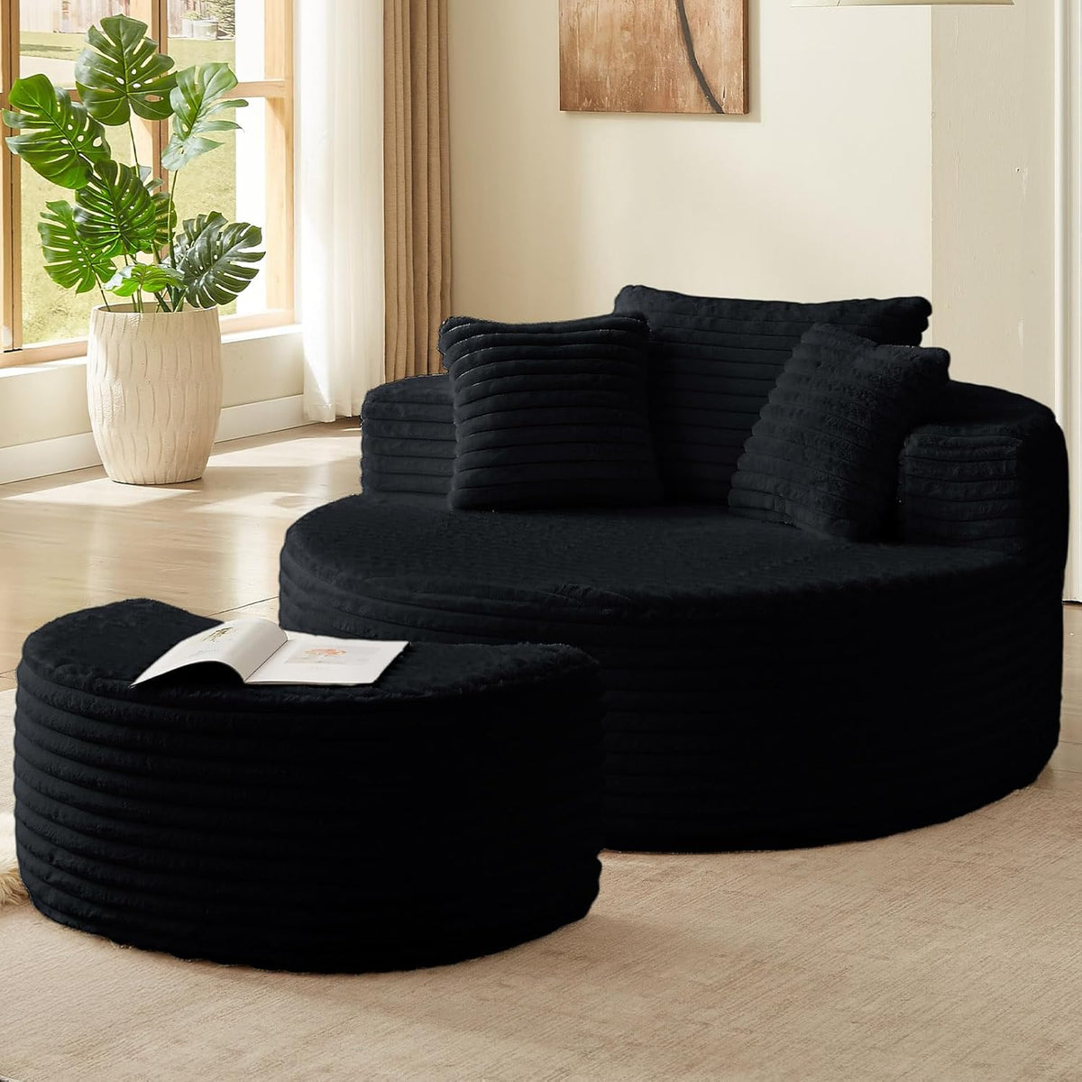 Oversized Round Chaise Lounge Chair Indoor with Ottoman Round Floor Chair | Modern Upholstered Corduroy Circle Couch with Pillows for Living Room, Apartroom, Bedroom, No Assembly Required, Black