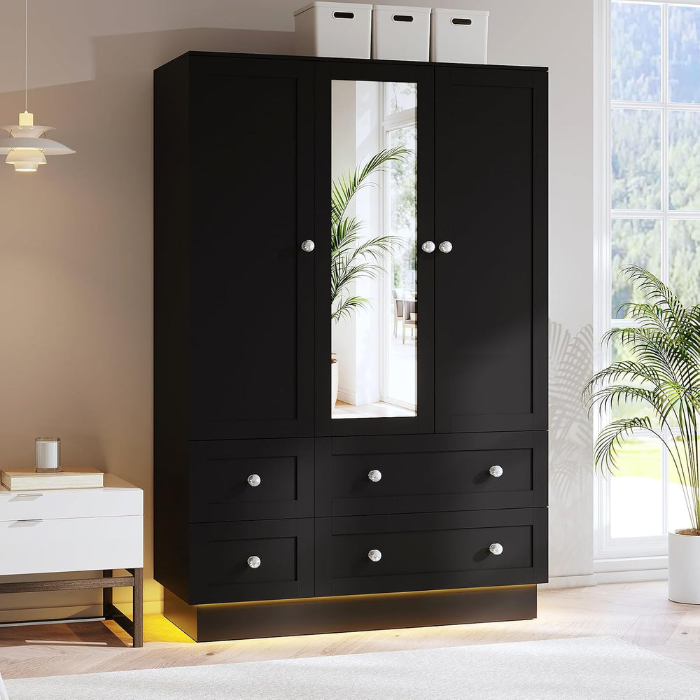 VOWNER Wardrobe Closet with 3 Doors Bedroom Armoire with Mirror & 4 Drawers
