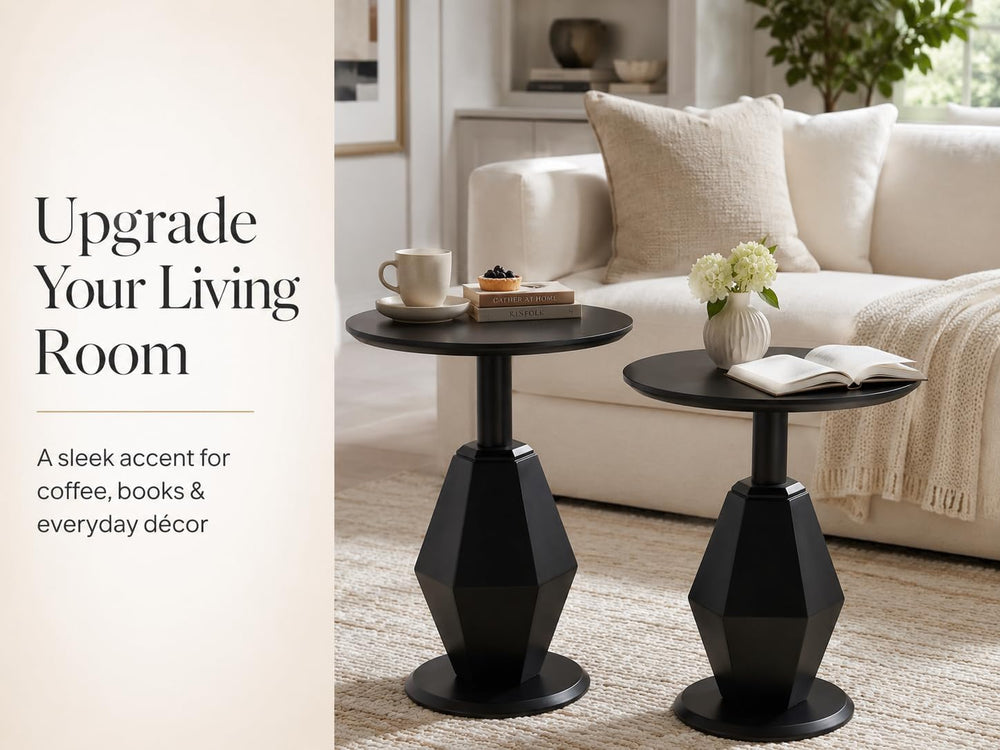 Round Wood Side Table, Set of 2, Coffee Nightstand Cocktail Drink Modern Acce...