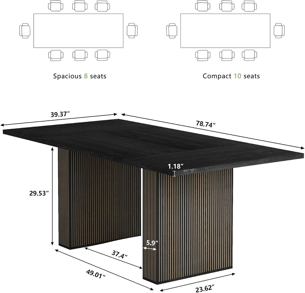 78 Inch Rectangular Dining Table for 6 to 10, Farmhouse Fluted Dining Kitchen Table, Modern Wood Long Dining Table for Kitchen Living Room, Black