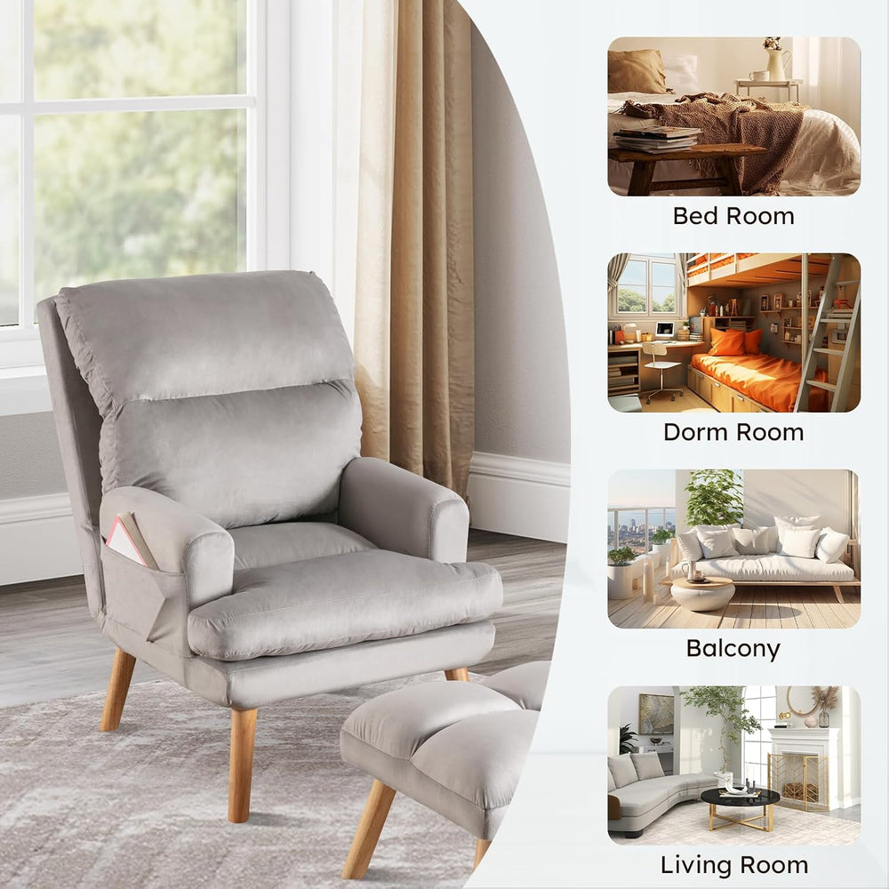 IOMOR Accent Chair with Ottoman, Velvet Fabric Chair Armchair with Adjustable...