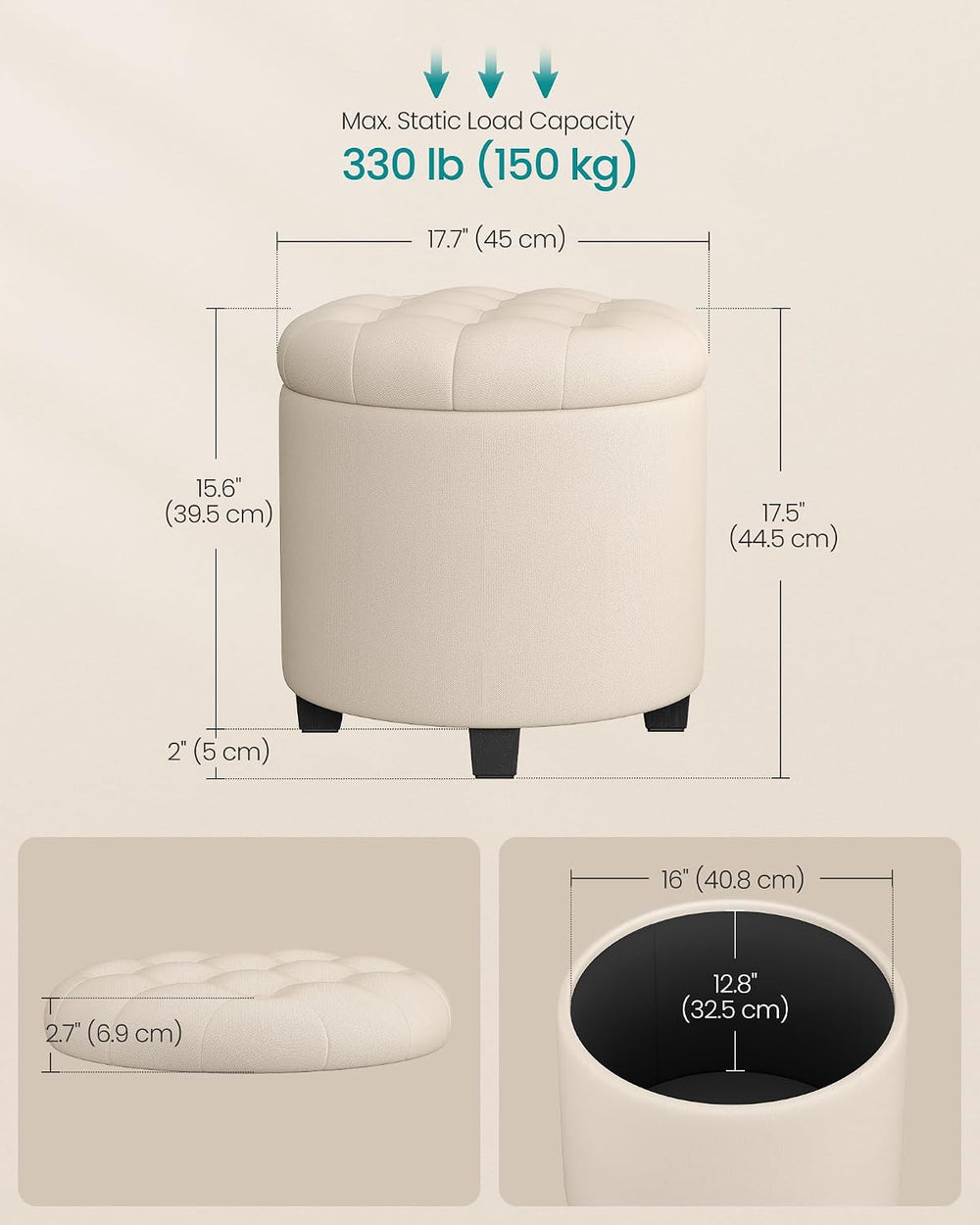 SONGMICS Vanity Stool, Round Ottoman with Storage, Linen-Look Fabric