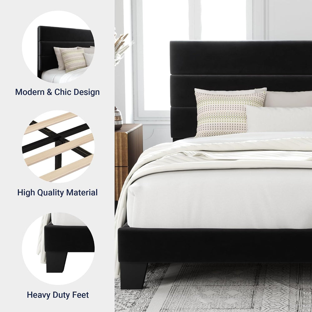 Allewie Queen Size Platform Bed Frame with Velvet Upholstered Headboard