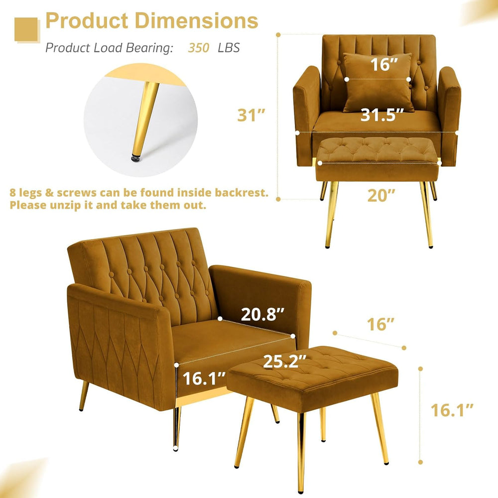 3 Pieces Velvet Sofa Set w/Adjustable Armrest &Backrest,Ginger