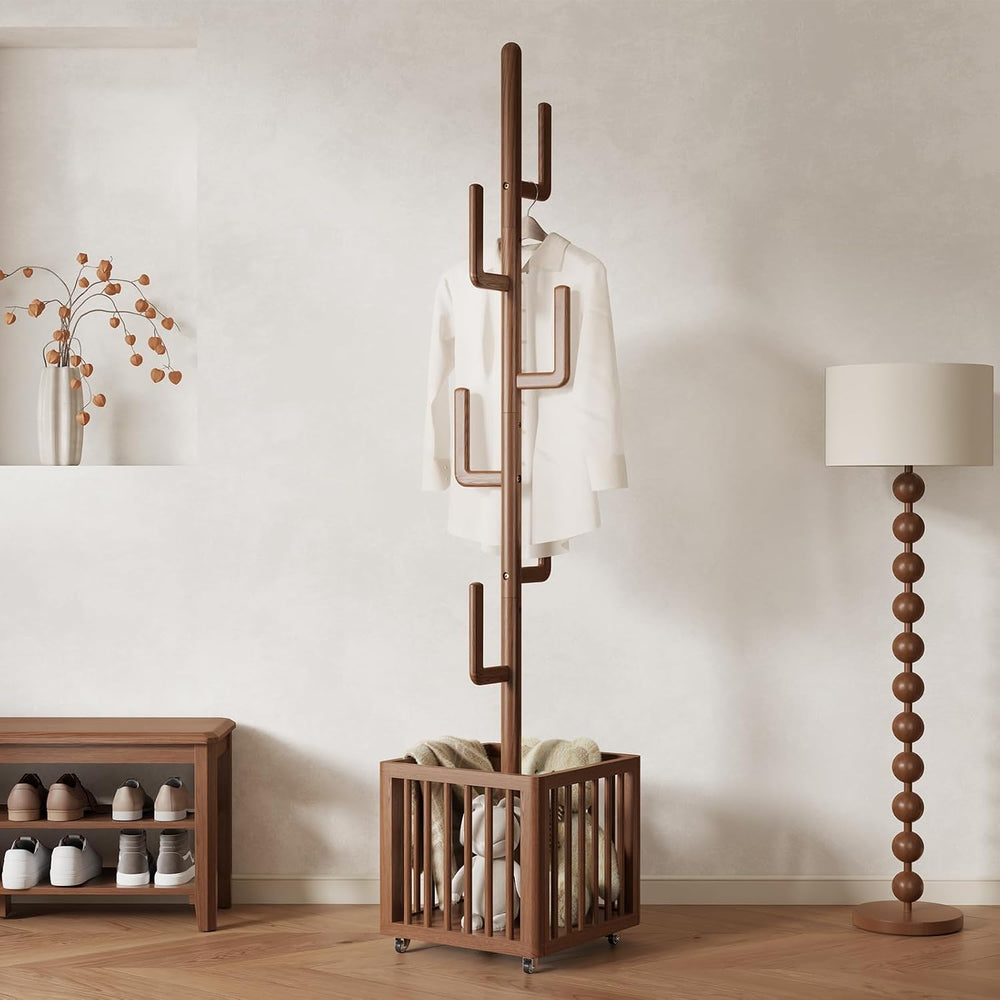 Solid Wood Cactus Coat Rack with 6 Hooks and Storage Basket, Walnut