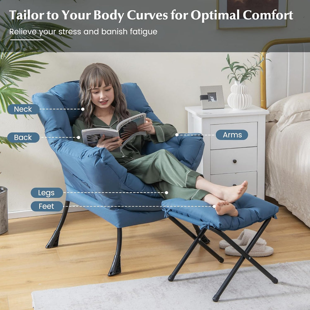 Upholstered Lazy Chair with Ottoman, Armrests & Side Pocket