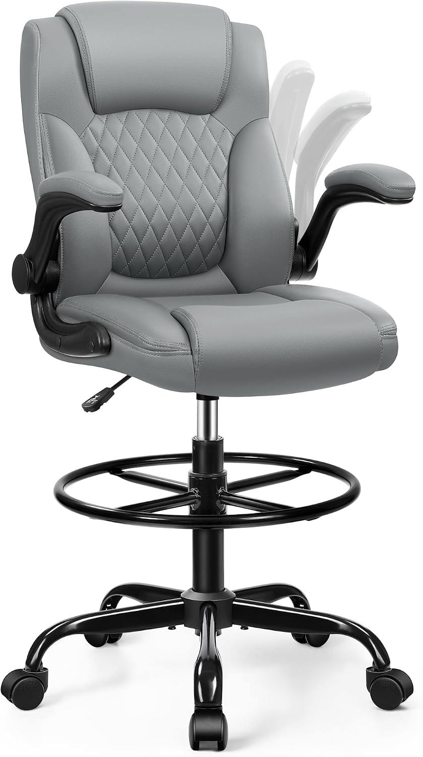 Drafting Chair, Tall Office Chair for Standing Desk, High Executive Leather Ergonomic Computer Chair with Adjustable Height and Flip-Up Armrest for Counter Height Desk, Grey, Pack of 1