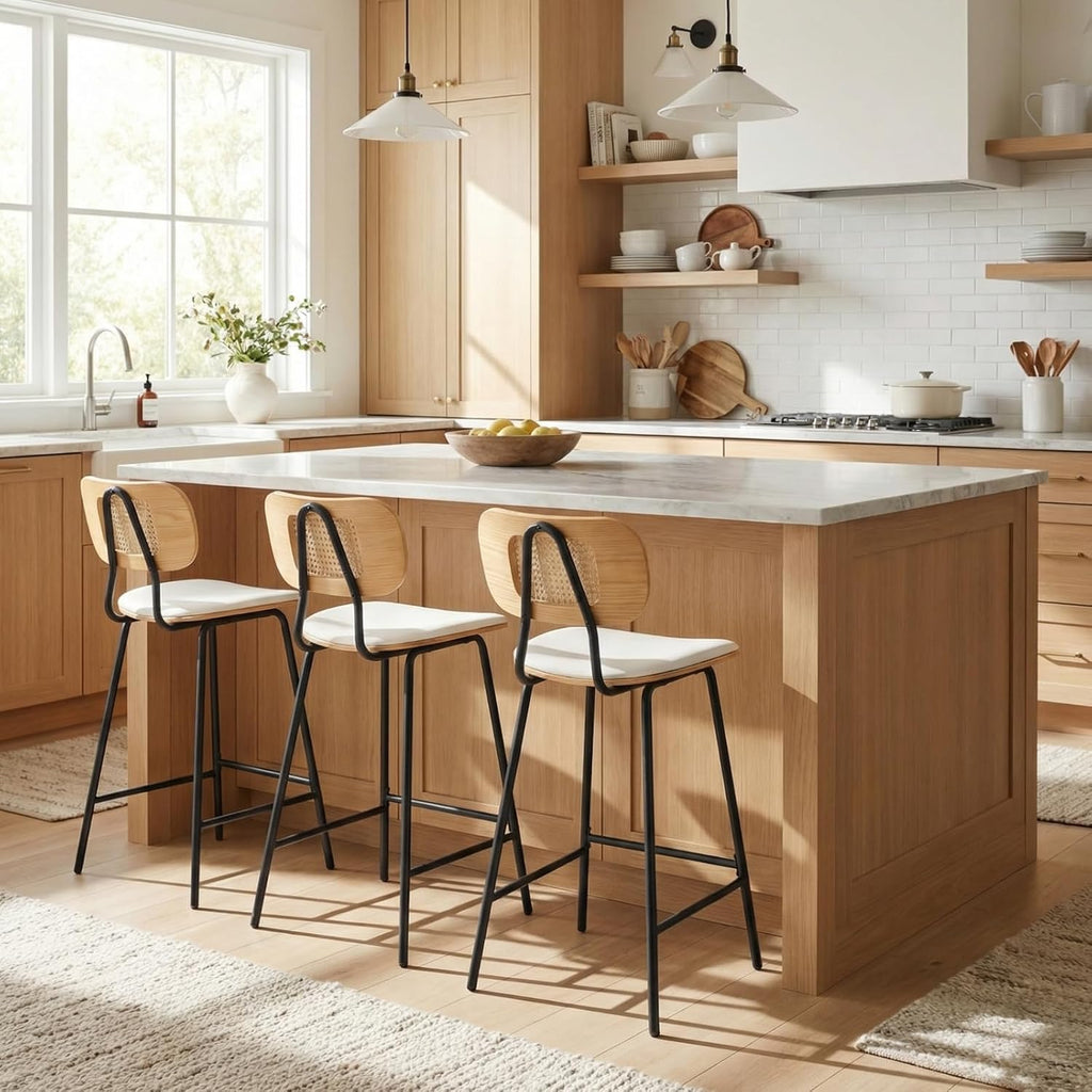 HEAH-YO Rattan Counter Stools Set of 2, 26 Inches Counter Height Bar Stools with Rattan Back and Metal Legs, Faux Leather Kitchen Stools for Island, PU White