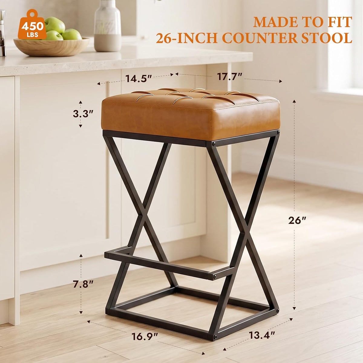 Bar Stools Set of 4, 26 Inch Counter Height Stool Faux Leather Brown