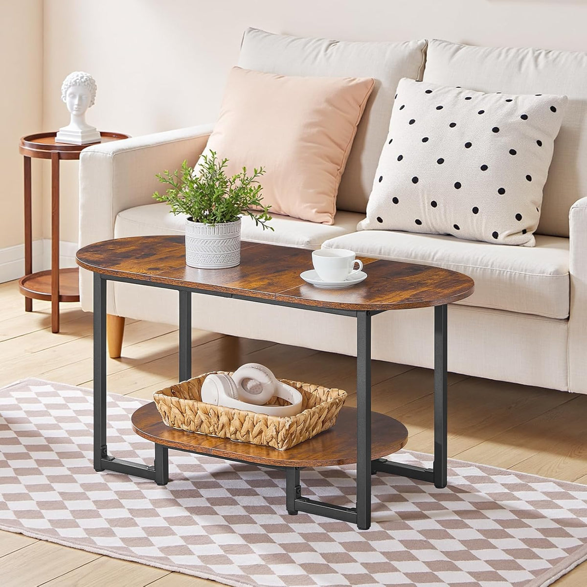 HOOBRO Coffee Table for Living Room, Oval Small Coffee Table with 2-Tier Open Storage Shelf, Industrial Cocktail Tea Table, Wooden Desktop Center Table, Farmhouse, Home Office, Rustic Brown BF09KF01