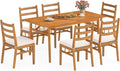 Tangkula 7 Pieces Patio Acacia Wood Dining Set, Outdoor Heavy Duty Rectangular Table with 1.97” Umbrella Hole and 6 Cushioned Chairs, for Deck, Garden and Backyard