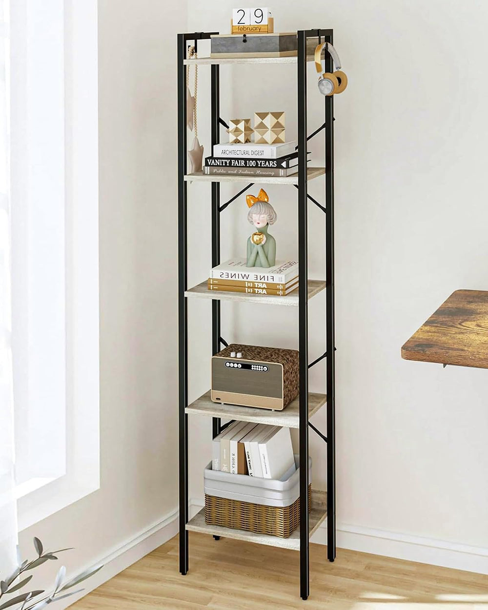 Hzuaneri Bookshelf, Book Shelf, Industrial Bookcase with 2 Hooks