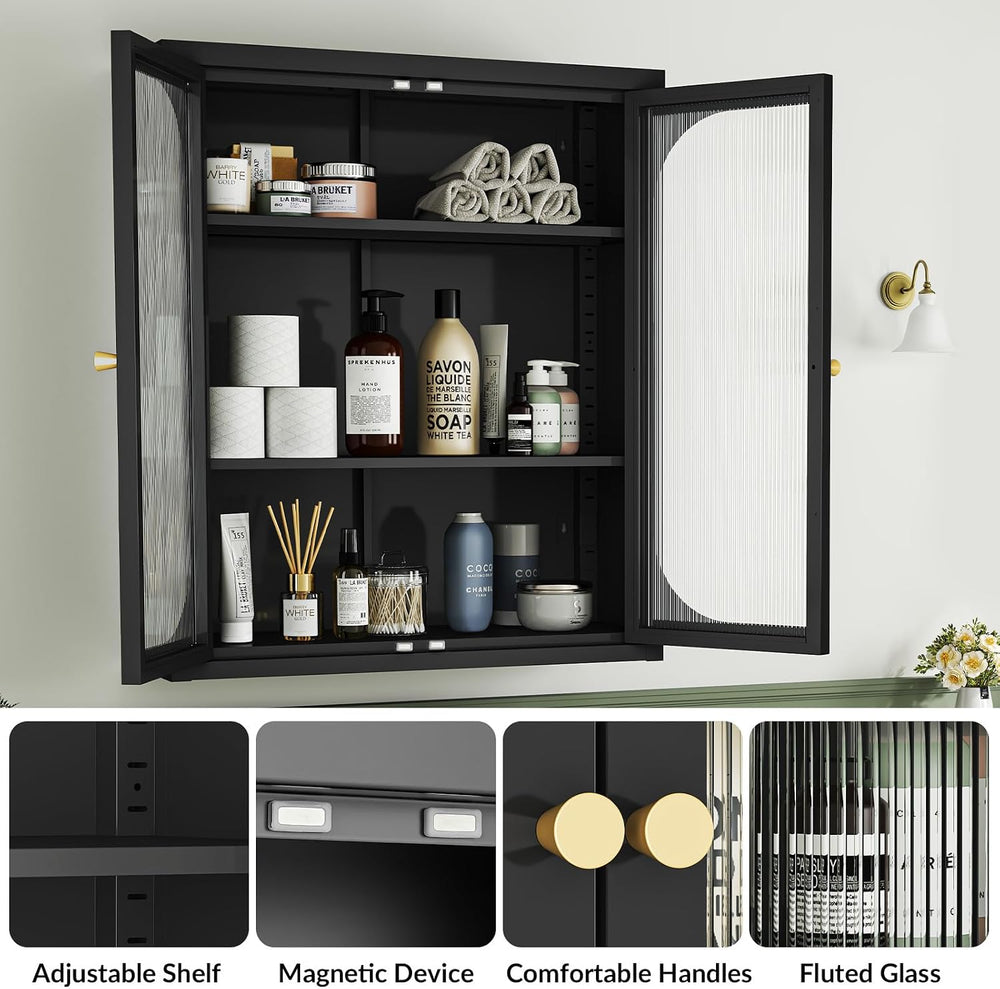 Bathroom Wall Cabinet with Fluted Doors, Fully Enclosed Metal Wall Cabinet