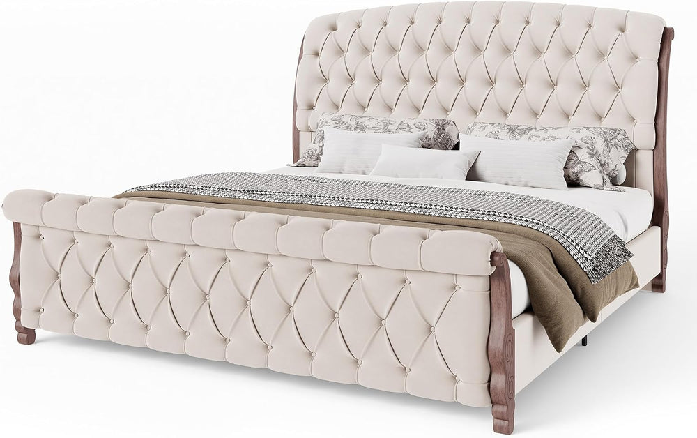 AMERLIFE King Sleigh Bed Frame, Upholstered Tufted Headboard, Cream